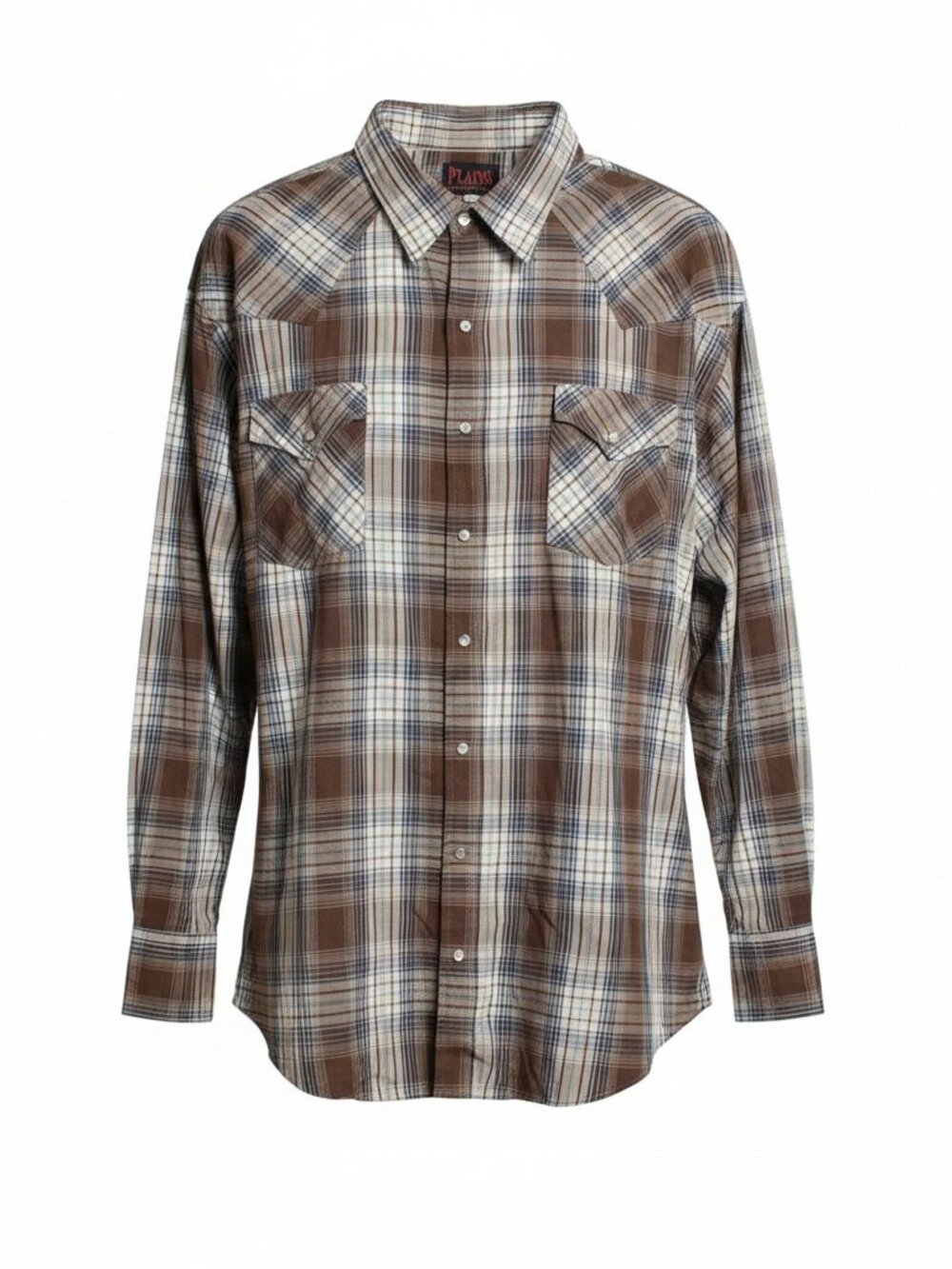 Plains Western Wear Shirt Mens Big Man 3X Brown Black Cream Plaid Pearl Snap